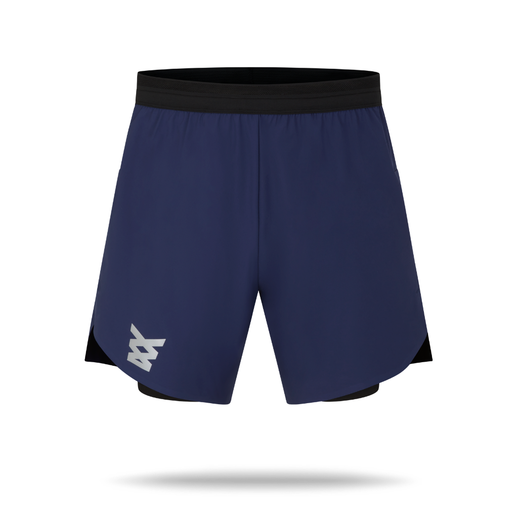 Navy blue running shorts with black accents.