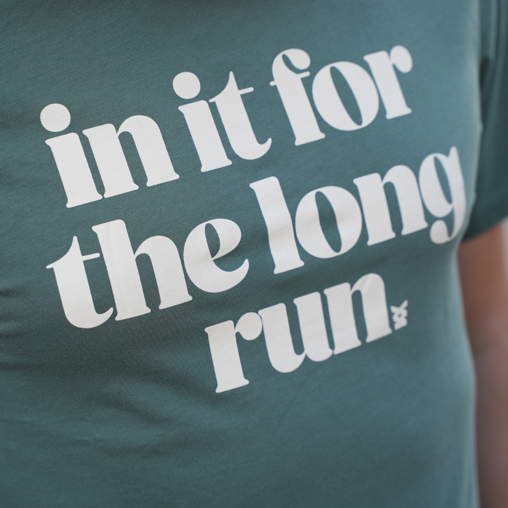 Ben Parkes wearing Green Tee Shirt with the phrase in it for the long run - perfect gift for runners