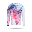 Long-sleeve running tee shirt with a colorful abstract design on a white background.  Front angle