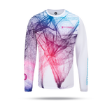 Long-sleeve running tee shirt with a colorful abstract design on a white background.  Front angle