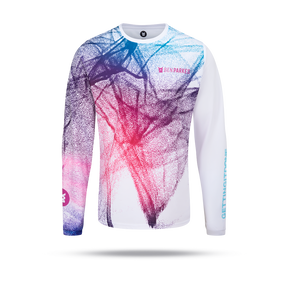 Long-sleeve running tee shirt with a colorful abstract design on a white background.  Front angle