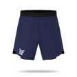 Navy blue running shorts with black accents.