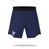 Navy blue running shorts with black accents.