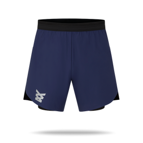 Navy blue running shorts with black accents.