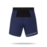 Navy blye shorts with black waistband, showing pockets for storing items.