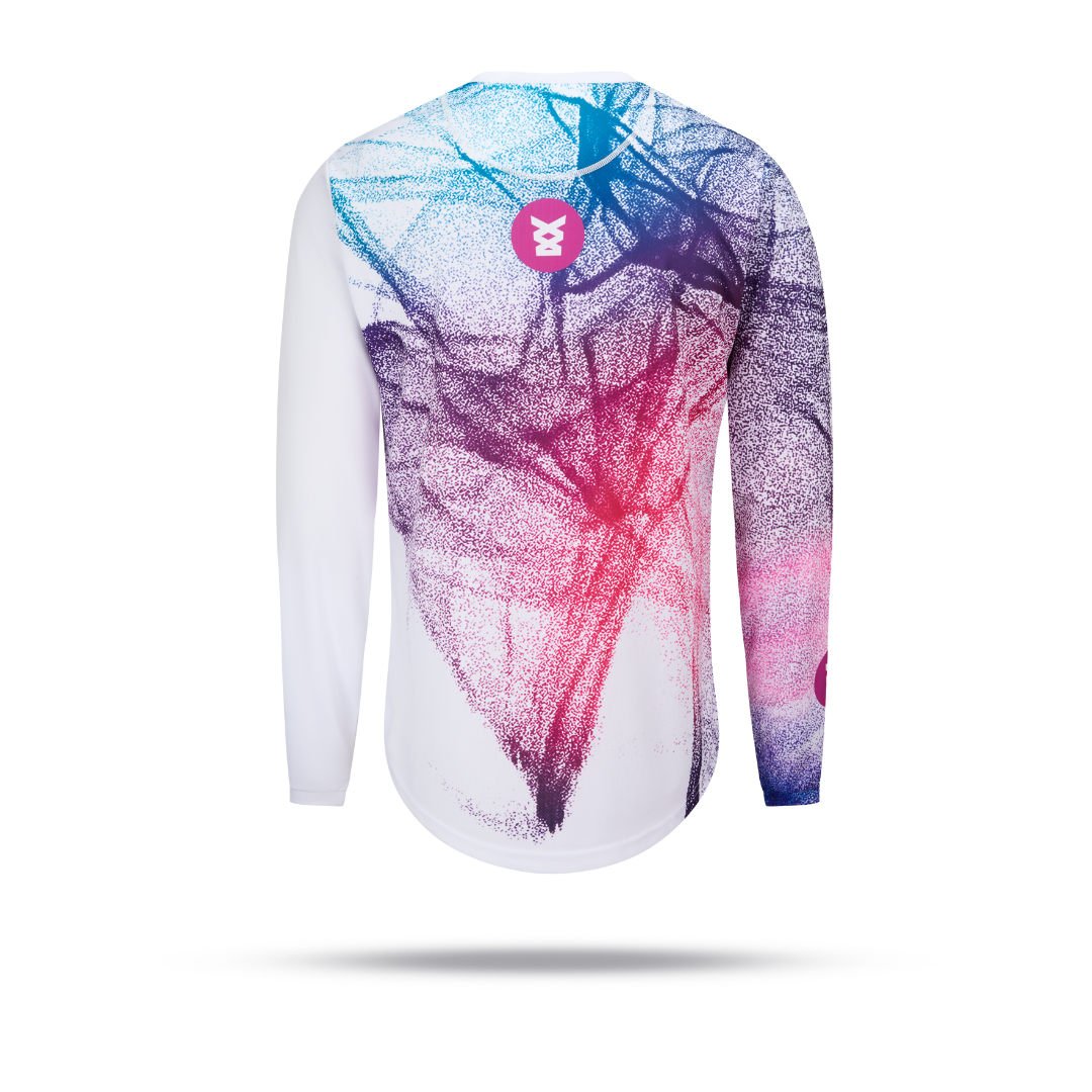 Long-sleeve running tee shirt with a colorful abstract design on a white background.  Rear angle.