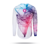 Long-sleeve running tee shirt with a colorful abstract design on a white background.  Rear angle.