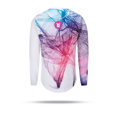 Long-sleeve running tee shirt with a colorful abstract design on a white background.  Rear angle.