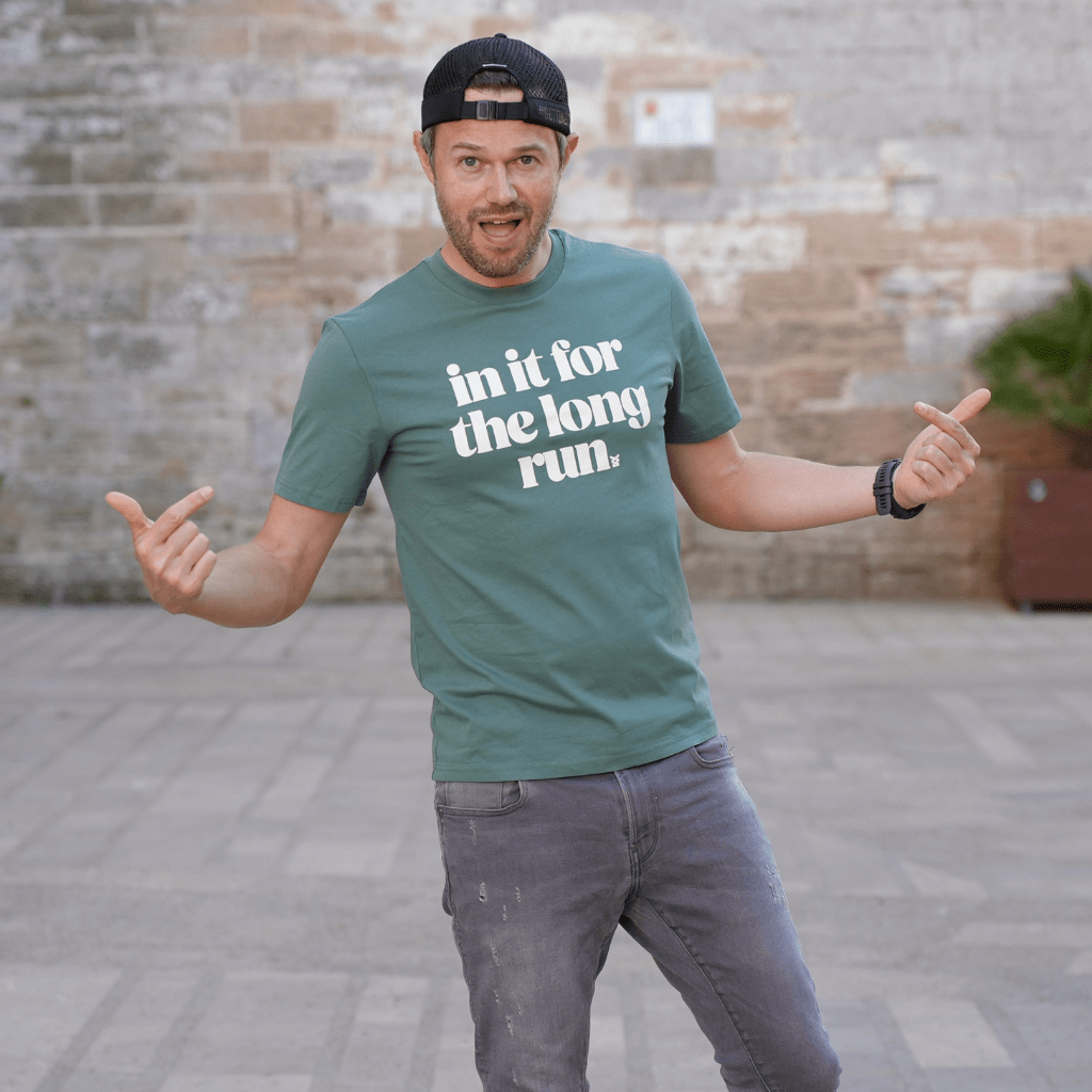 Ben Parkes wearing Green Tee Shirt with the phrase in it for the long run  - perfect gift for runners