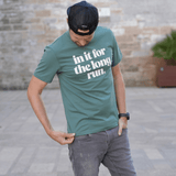 Ben Parkes wearing Green Tee Shirt with the phrase in it for the long run  - perfect gift for runners